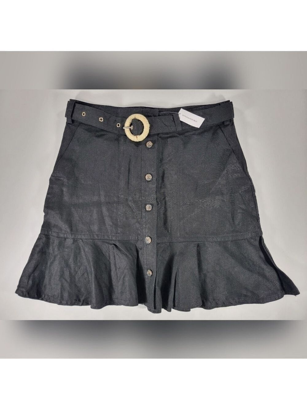NEW Banana Republic Belted Linen Skirt Unlined Button Front Womens 8 Black
